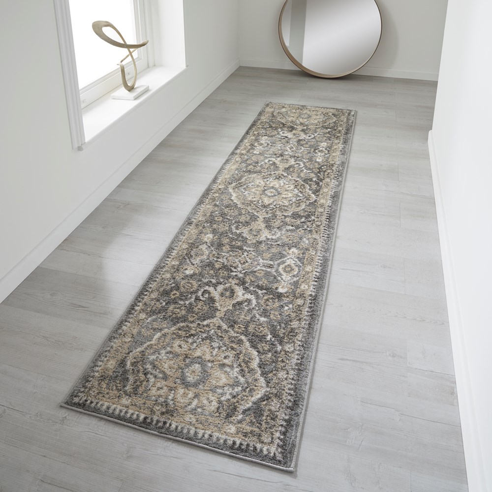 Zoe 9 E Runner Rugs in Traditional Distressed Grey